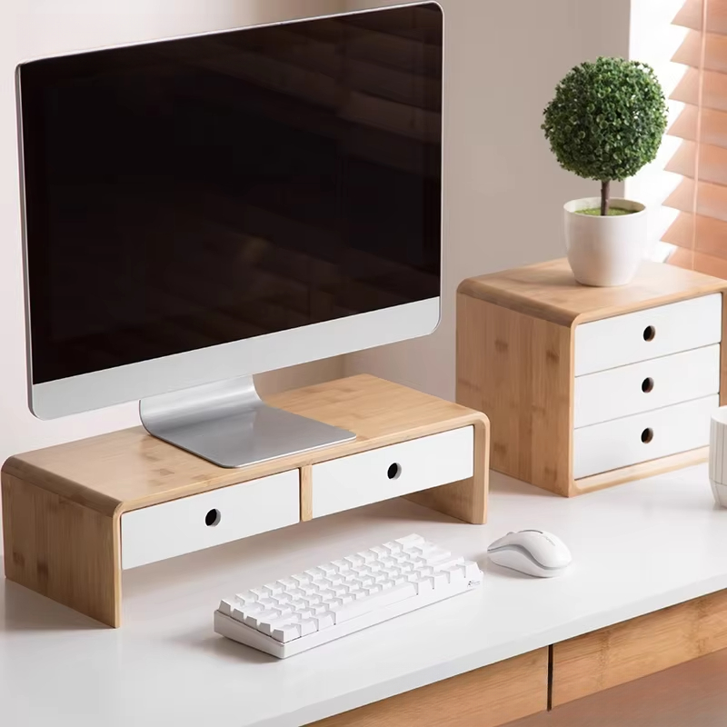Desk Setup Living Room - Bamboo Laptop Monitor Riser Eco-Friendly Desktop