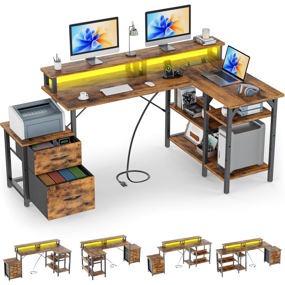Desk Setup Or Set Up - Office Desk with File Drawers&Power Outlet,Reversible